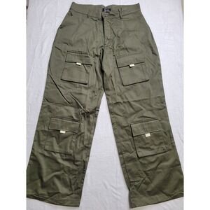 NWT boohooMAN Active Twill Cargo Trousers Mens L Khaki Green Wide Leg Utility
